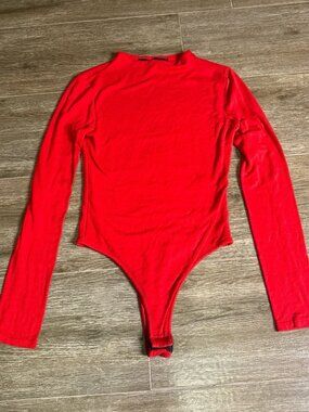 Naked Wardrobe Red Bodysuit M Long Sleeve Stretch Fitted One Piece